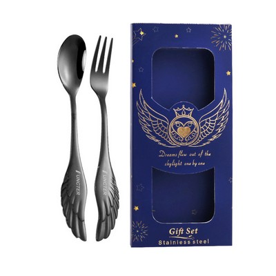 2 PCS Charcoal Black Angel Wings Spoon Fork Flatware Set Tableware Blue Gift Box