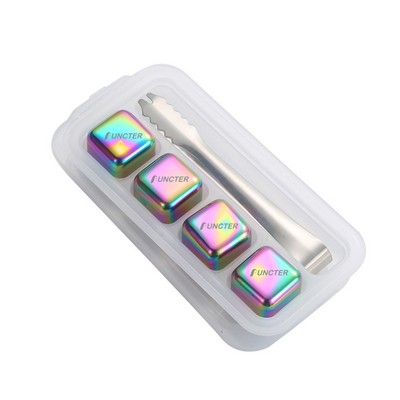 Rainbow Color Four Pieces Cube Shape Stainless Steel Metal Ice Cube Ice Cake W/ Metal Clip