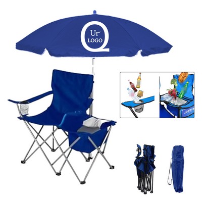 Folding Camping Chair W/ Cooler Bag And Umbrella