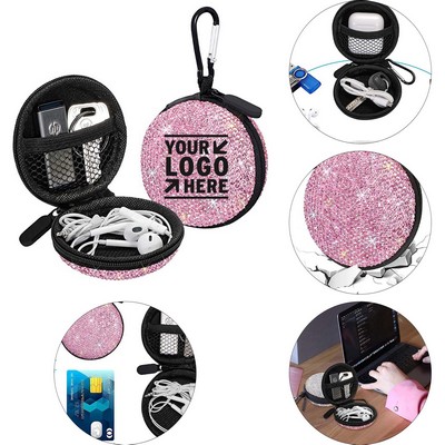 Bling Rhinestone Crystal Portable Headphone Organizer Storage Pouch Bag