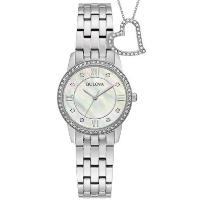 Bulova Watches Ladies' Crystal Box Gift Set, Silver-Tone Watch w/Heart Necklace