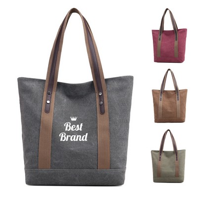 Women Canvas Tote Bag with Leather Handle