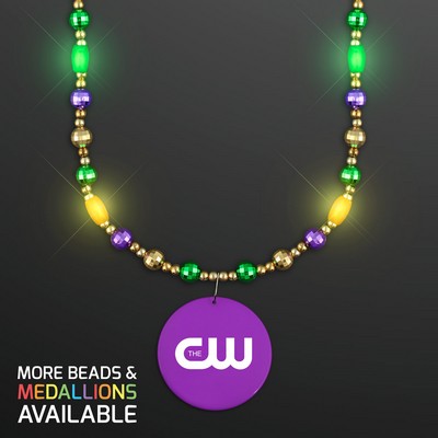 Glam Mardi Gras Beads LED Necklace with Purple Medallion - Domestic Print