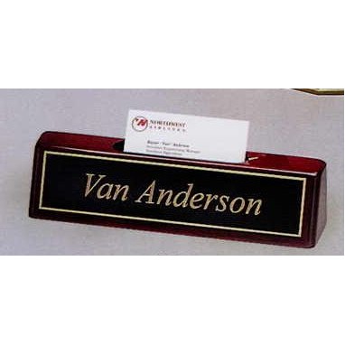 Rosewood Finish Name Wedge w/ Business Card Holder (8 1/4"x2"x1 1/4")