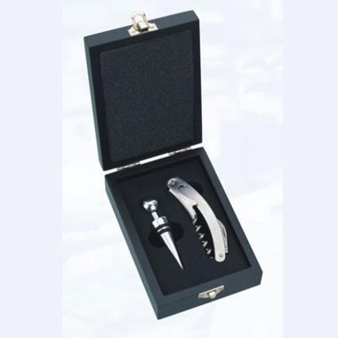 Wine Opener And Stopper Set/ Silver Piece In Black Wood Box (Screened)