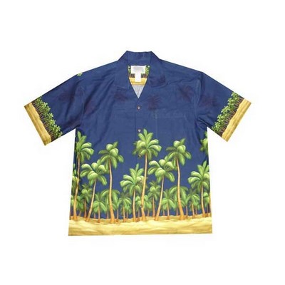 Navy Hawaiian Border Print Cotton Poplin Shirt w/ Button Front