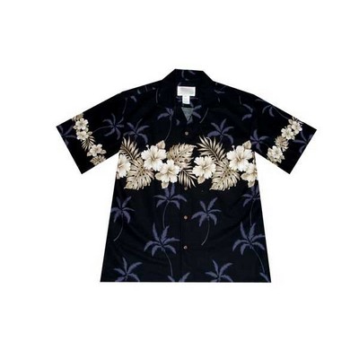 Black Hawaiian Border Print Cotton Poplin Shirt w/ Button Front