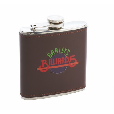 6oz Stainless Steel Flask with Brown Genuine Leather Wrap