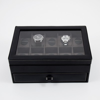 Black Leather Watch & Cufflink Box