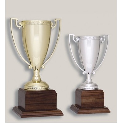 6.75" Gold Die Cast Zinc Cup Trophy w/5" Walnut Base