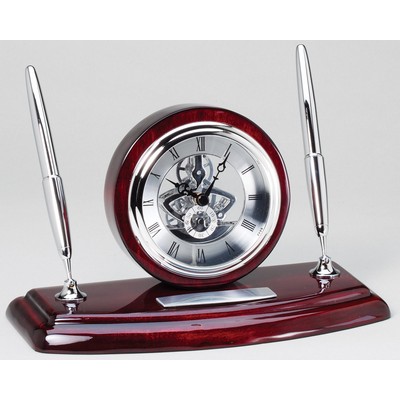 Rosewood Clock Pen Set w/Skeleton Movement