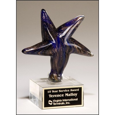 Blue Art Glass Star Award w/Gold Metallic Highlights On Clear Glass Base