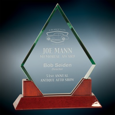 Large Diamond Jade Prestige Glass Award w/Rosewood Base