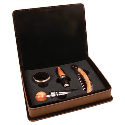 Laserable Dark Brown Leatherette 4-Piece Wine Tool Set