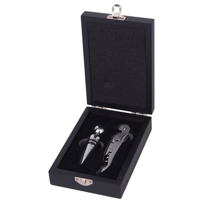 WineVault Veneto Wine Gift Set with Wine Opener, Stopper and Black Wooden Case