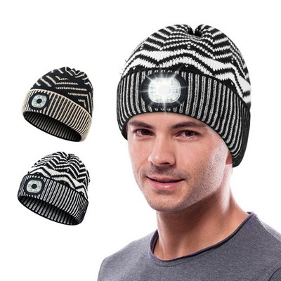 Stripe Beanie Hat with LED Headlight