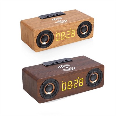 Wooden Digital Alarm Clock Speaker with Wireless Charging