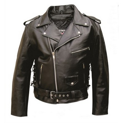 Men's Premium Leather Biker Jacket w/ Side Laces - Black