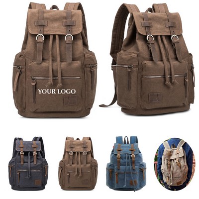 Drawstring Bundle Pocket Men's Vintage Leather Canvas Backpacks