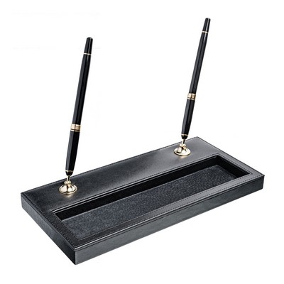 Classic Black Leather Double Pen Stand w/Gold Trim