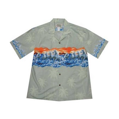 Green Hawaiian Border Print Cotton Poplin Shirt w/ Button Front