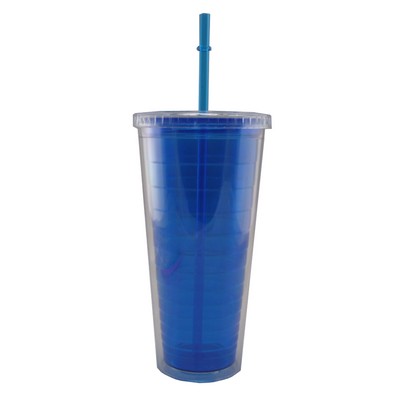 23 Oz. Double Wall Plastic Cup with Blue Straw