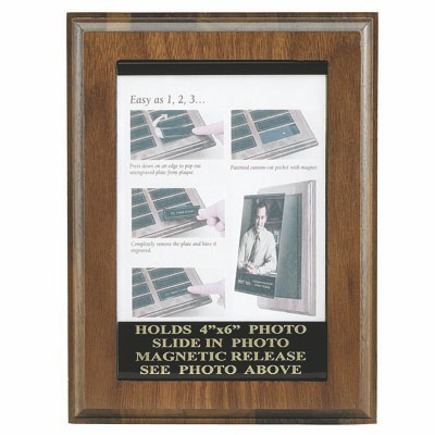 Walnut Veneer Plaque w/Engraving Plate & 4"x6" Photo Holder (6"x8")