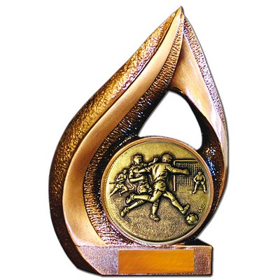 Stock 9" Flame Trophy with 2" Soccer Male Coin and Engraving Plate