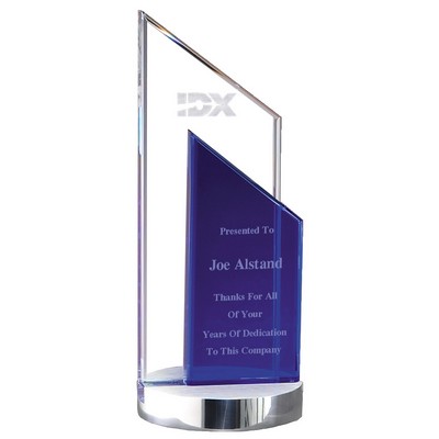 Blue Slanted Rectangle within Clear Slanted Rectangle Glass Award with silver metal base - 9 3/4'' H