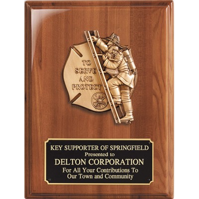 Walnut Piano Finish Plaque with "Fireman Rescuing Girl", 9"x12"