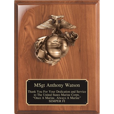 Walnut Piano Finish Plaque with Bronzed Cast Metal Marines Emblem, 9"x12"