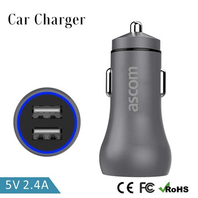 2.4A Dual Port Aluminum USB Car Charger Cigarette Lighter