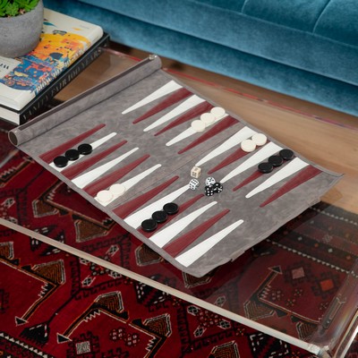 Grey suede roll-up backgammon travel set with playing pieces included