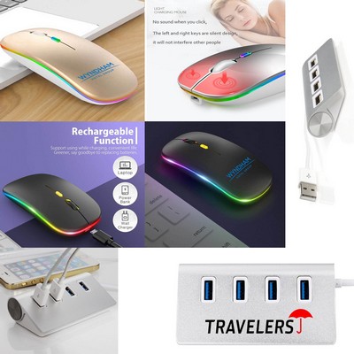 Kidder 4 Port USB Aluminum Hub + LED Wireless Mouse (Gold)