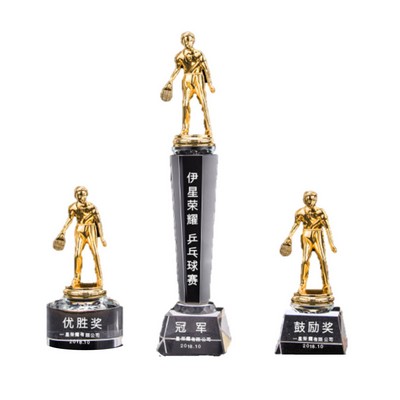 Creative Gold-Plated Ping Pong Boy Trophy With Crystal Base