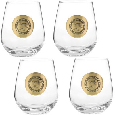 Stemless Wine Glass Set of 4 w/ Bronze Metal Medallion