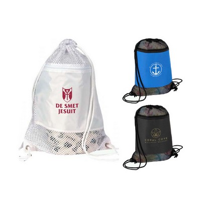 Nylon Mesh Drawstring Gym & Sports Backpack w/ Zipper Pocket