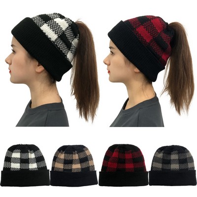 Winter Plaid Style Ponytail Beanie