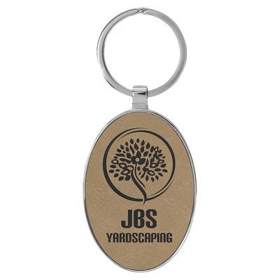 3" x 1 3/4" Laserable Leatherette/Metal Light Brown Oval Keychain