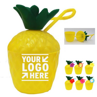 Plastic Pineapple Cup w/Flamingo Straw