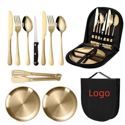 Golden Ten-Piece Outdoor Stainless Steel Tableware Set Camping Utensils