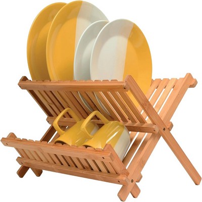 2-Layer Foldable Bamboo Drain Bowl Storage Rack