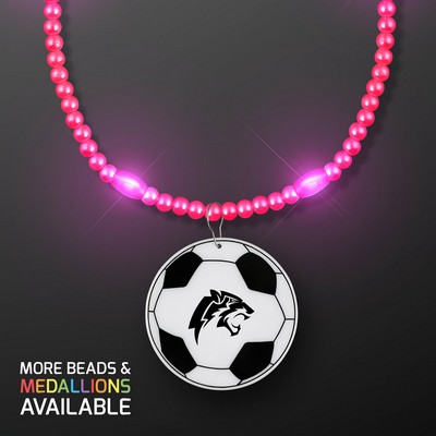 Pink LED Bead Necklace with Soccer Ball Medallion - Domestic Imprint