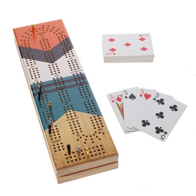 Wooden Cribbage Board Game Set, Continuous 3 Track, Nautical Print - Sunrise