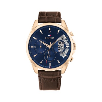 Tommy Hilfiger® Gents Ionic Plated Carnation Gold Watch w/Blue Dial & Brown Leather Strap