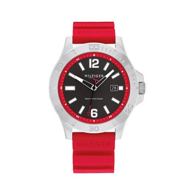 Tommy Hilfiger® Gents Stainless Steel Watch w/Gray Dial & Red Silicone Strap