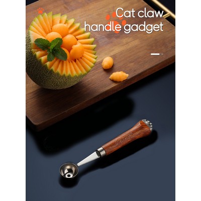 Round Fruit Scoop Melon Scoop Ice Cream Scoop Fruit Gadget W/ Cat Claw Shaped Wood Handle