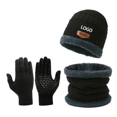 Winter Fuzzy Lining Beanie Scarf Gloves Set