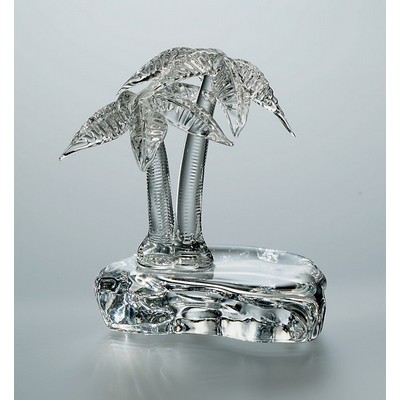 Hand Blown Crystal Oasis w/ Palm Trees Figurine