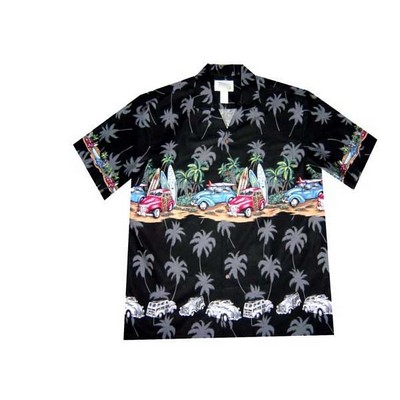 Black Hawaiian Border Print Cotton Poplin Shirt w/ Button Front